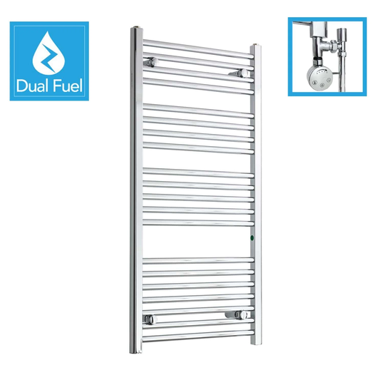 1100x500mm Chrome Dual Fuel Flat Heated Towel Rail Radiator