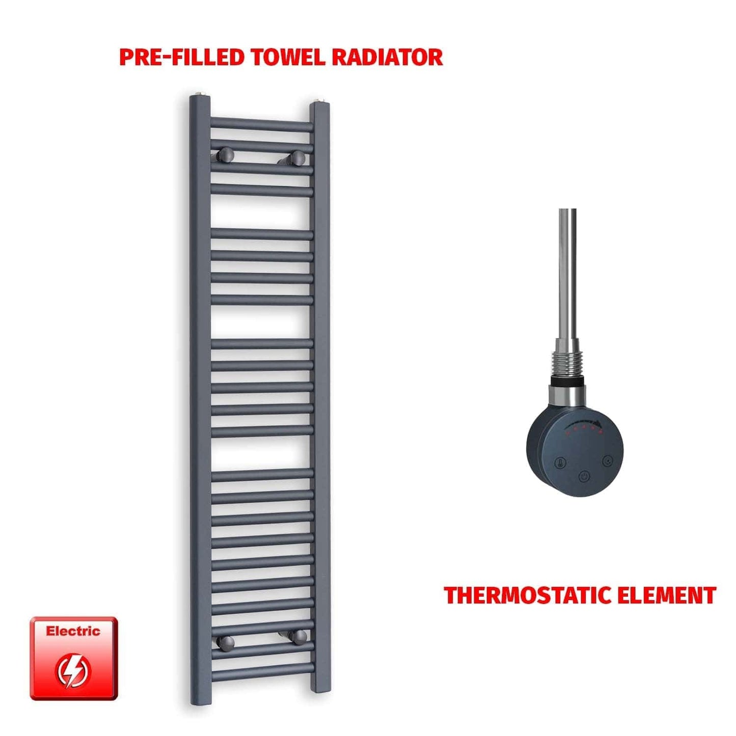 1200x300mm Flat Anthracite Pre Filled Electric Towel Rail HT