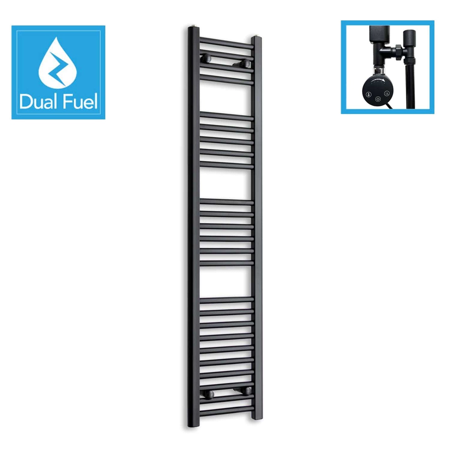 1400x300mm Dual Fuel Flat Black Heated Towel Rail Radiator