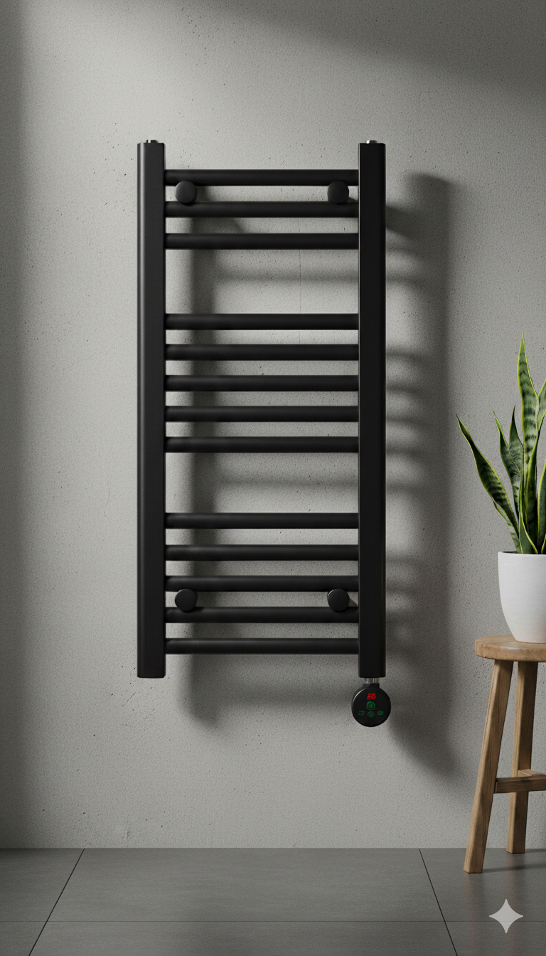 600x400mm Black prefilled electric towel rail with Sun Digi Thermostatic Element