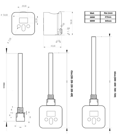 Digital SQ Thermostatic Heating Element – Built-in Timer & External Timer Compatible - Dimensions and Technical Drawing